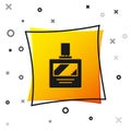 Black Aftershave icon isolated on white background. Cologne spray icon. Male perfume bottle. Yellow square button Royalty Free Stock Photo