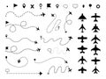 Black aircraft routes and plane silhouettes. Isolated airplanes, dotted path plan and destination pins. Flight icons