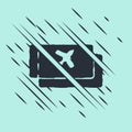Black Airline ticket icon isolated on green background. Plane ticket. Glitch style. Vector Illustration