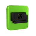 Black Airline ticket icon isolated on transparent background. Plane ticket. Green square button.