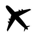 Black airplane icon isolated on white background. Silhouette plane flight in air. Cargo, commercial, travel, passenger air Royalty Free Stock Photo