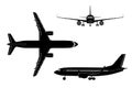 Black airplane silhouette on a white background. Top view, front Royalty Free Stock Photo