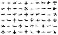 Black airplanes silhouettes. Military jet fighter and civil aviation cargo and passenger planes icons Royalty Free Stock Photo