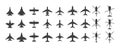 Black airplanes top view. Military jet fighter and civil aviation cargo and passenger planes silhouette icons aerial