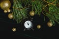 Black Alarm clock and fir tree branch, gold christmas decorations green velours glitte