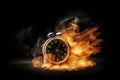 A black alarm clock with large numbers on a dark background surrounded by burning hot particles Royalty Free Stock Photo