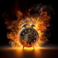 A black alarm clock with large numbers on a dark background surrounded by burning hot particles Royalty Free Stock Photo