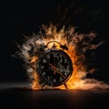 A black alarm clock with large numbers on a dark background surrounded by burning hot particles Royalty Free Stock Photo