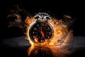 A black alarm clock with large numbers on a dark background surrounded by burning hot particles Royalty Free Stock Photo