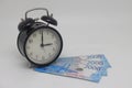 Black alarm clock on money banknotes Dollars, euros, business planning and finance concept, personal money, family Royalty Free Stock Photo