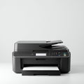 Black all-in-one printer with a sleek design features a sheet of paper emerging from Royalty Free Stock Photo