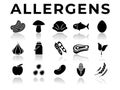 Black Allergens Icon Set with Reflection. Peanuts, Mushroom, Shellfish, Fish, Egg, Garlic, Milk, Soy Red Meat, Celery, Fruit, Seed