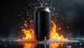 Black aluminum can submerged in water with fire exploding around it. Liquid splashes and water droplets create dynamic effect for Royalty Free Stock Photo