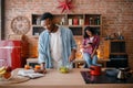 Black american love couple cooking on the kitchen Royalty Free Stock Photo