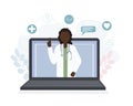 A black American woman doctor talks to a patient on her laptop screen online. Medical consultations, exams, treatment, services, Royalty Free Stock Photo