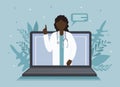 A black American woman doctor talks to a patient on her laptop screen online. Medical consultations, exams, treatment, services, Royalty Free Stock Photo