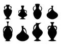 Black amphorae set isolated on white background. Amphora silhouettes. Ancient greek jars and amphorae. Design of amphora for