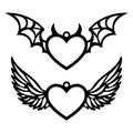 Black angel and devil wings heart. Isolated tattoo art. Valentine's day pendants template. Romantic photo frame