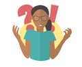 Black angry girl in glasses. Woman in rage. Flat design icon