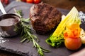 Black Angus Chateaubriant steak. Tenderloin from Brazil. Delicious healthy traditional food closeup served for lunch in Royalty Free Stock Photo