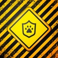 Black Animal Health Insurance Icon Isolated On Yellow Background. Pet Protection Concept. Dog Or Cat Paw Print. Warning