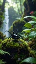 Black Ant on Mossy Rock Near Waterfall Royalty Free Stock Photo