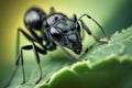 A black ant resting on green leaf. Close up of the black ant on the green leaf in forrest. generative ai