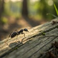 Black Ant Crawling on Wooden Surface with Forest Background Royalty Free Stock Photo