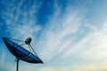 black antenna communication satellite dish on blue sky background