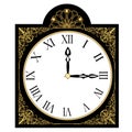 Black antique richly decorated clock, clock face with roman numbers, isolated art deco object with golden filigree