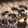 Black ants eating honey drop. Concept of teamwork or hardworking or unity.