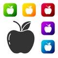 Black Apple icon isolated on white background. Fruit with leaf symbol. Set icons in color square buttons. Vector Royalty Free Stock Photo