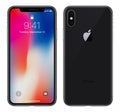 Black Apple iPhone X with iOS 11 lockscreen front side and back side isolated on white background