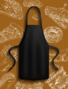 Black apron on background of bakery. Clothes for work in kitchen, protective clothing for cooking