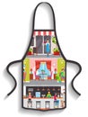 Black apron with image of people eating in cafe. Clothing for cooking restaurant meals at home