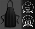 Aprons next to icons of kitchen utensils. Clothes element, protective clothing, toque for cooking Royalty Free Stock Photo