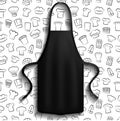 Aprons next to icons of kitchen utensils. Clothes element, protective clothing, toque for cooking