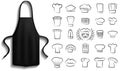 Aprons next to icons of kitchen utensils. Clothes element, protective clothing, toque for cooking