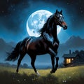 A black Arabian mustang in a field, moonlit night, a house nearby, mountain view, horse, animal, painting art