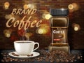 Black Arabica coffee cup with beans ads. 3d illustration of hot coffee mug. Product retro design with bokeh and brick