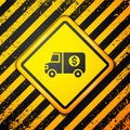 Black Armored truck icon isolated on yellow background. Warning sign. Vector