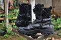 black army boots outdoorsBackground blur bokeh Royalty Free Stock Photo