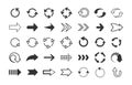 Black arrows. Circle and line direction symbols, flat pointers cursors and next page signs. Vector up down left right Royalty Free Stock Photo