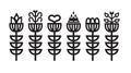 Black assorted abstract isolated thick line art deco vertical blooming flowers with leaves icons set on white