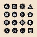 Black assorted geometrical shapes emblems set with white different ampersand fonts icons set