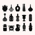 Black assorted silhouette trendy vases, containers, bowls, pots and jars abstract icons design elements set on light beige Royalty Free Stock Photo