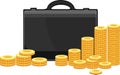 Black attache case with piles of gold coins