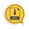 Black AVC file document icon. Download AVC button icon isolated on white background. Yellow speech bubble symbol. Vector Royalty Free Stock Photo