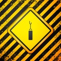 Black Awl tool with wooden handle icon isolated on yellow background. Work equipment tailor industry. Warning sign Royalty Free Stock Photo