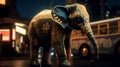 Black baby elephant on asian night city street in cyberpunk style. Generative AI